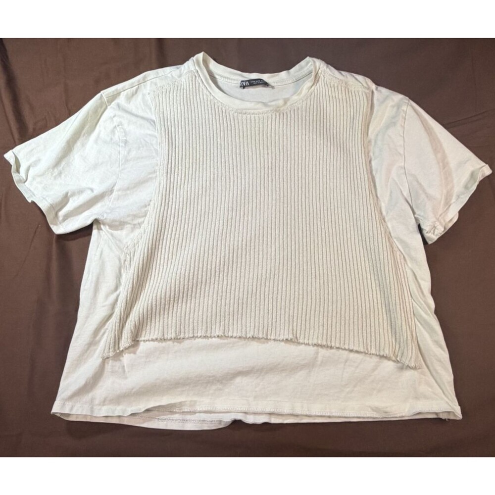 Zara Women’s White Ribbed Crew Neck T-Shirt Size Medium